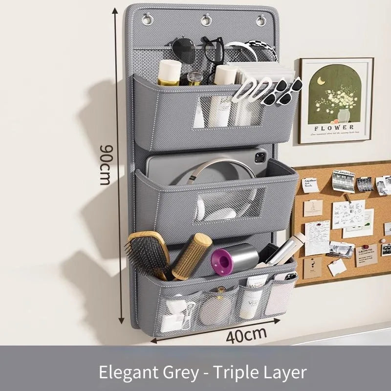 Hanging Storage Organizer Bedside Shelf  Wall Door Mount Multi Purpose Oxford Fabric Hanging Bag for Space Saving Gray Beige