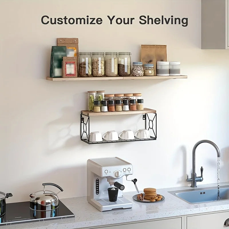 3-Tier Wooden Floating Shelves Set: Wall-Mounted Organizer with Metal Storage Basket for Bathroom/Kitchen/Living Room