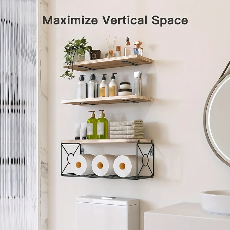 3-Tier Wooden Floating Shelves Set: Wall-Mounted Organizer with Metal Storage Basket for Bathroom/Kitchen/Living Room