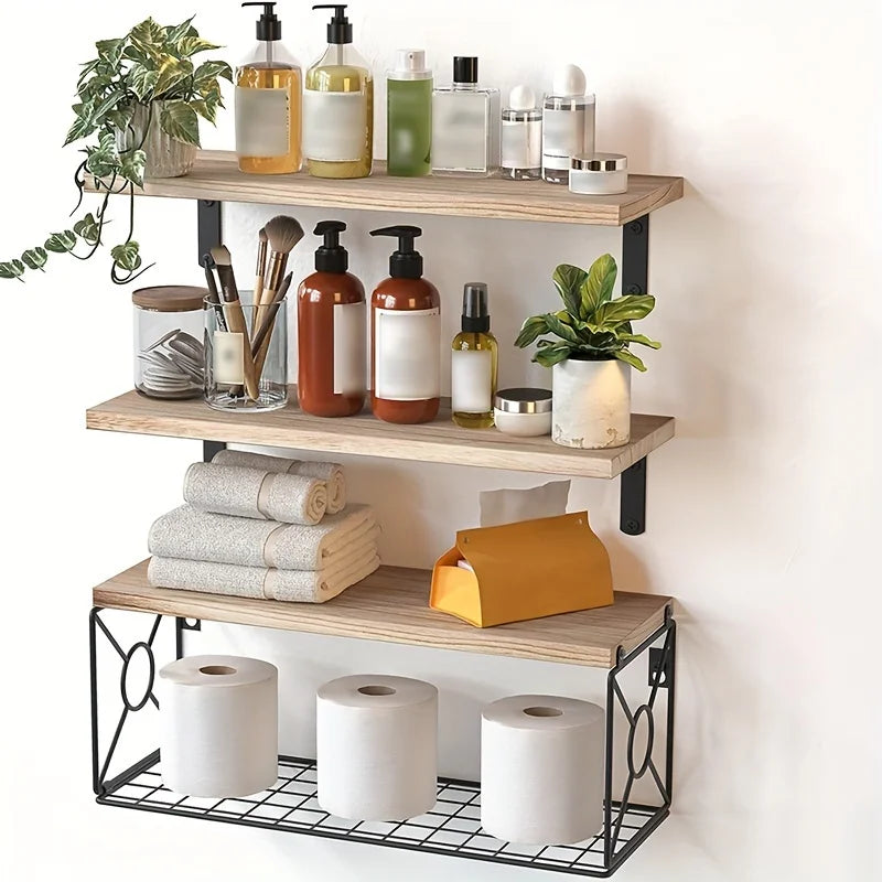3-Tier Wooden Floating Shelves Set: Wall-Mounted Organizer with Metal Storage Basket for Bathroom/Kitchen/Living Room