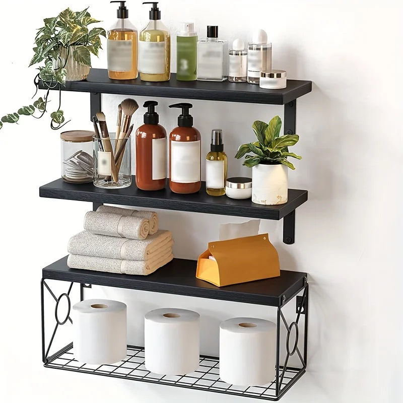 3-Tier Wooden Floating Shelves Set: Wall-Mounted Organizer with Metal Storage Basket for Bathroom/Kitchen/Living Room