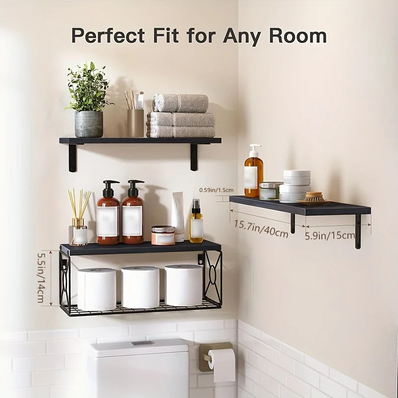 3-Tier Wooden Floating Shelves Set: Wall-Mounted Organizer with Metal Storage Basket for Bathroom/Kitchen/Living Room