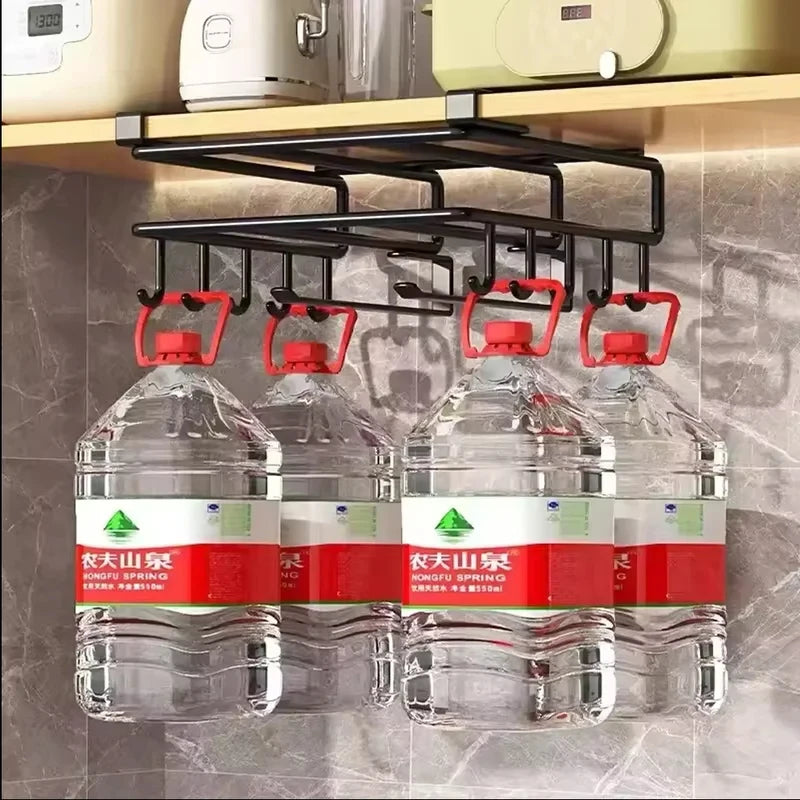 Home Kitchen Under Cabinet Hanging Organizer Rack Hooks Paper Towel Pot Lid Cutting Board Storage Holder Space Saving