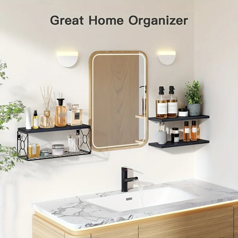 3-Tier Wooden Floating Shelves Set: Wall-Mounted Organizer with Metal Storage Basket for Bathroom/Kitchen/Living Room