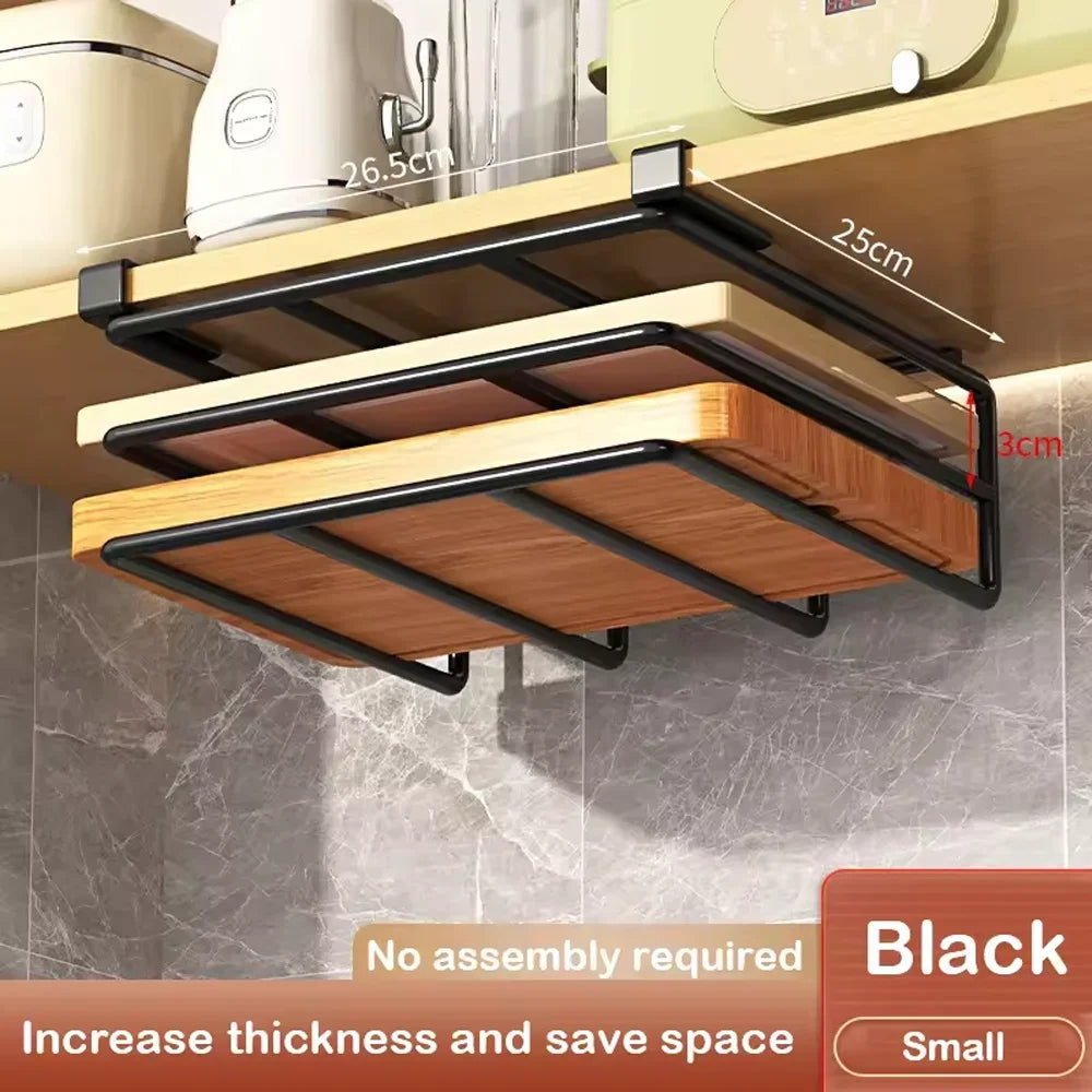 Home Kitchen Under Cabinet Hanging Organizer Rack Hooks Paper Towel Pot Lid Cutting Board Storage Holder Space Saving