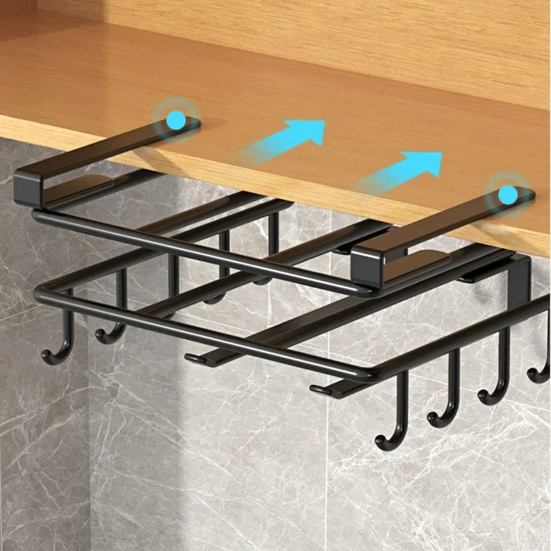 Home Kitchen Under Cabinet Hanging Organizer Rack Hooks Paper Towel Pot Lid Cutting Board Storage Holder Space Saving