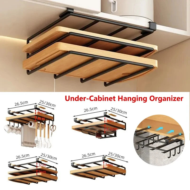 Home Kitchen Under Cabinet Hanging Organizer Rack Hooks Paper Towel Pot Lid Cutting Board Storage Holder Space Saving