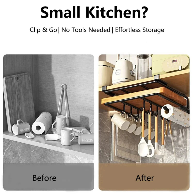 Home Kitchen Under Cabinet Hanging Organizer Rack Hooks Paper Towel Pot Lid Cutting Board Storage Holder Space Saving