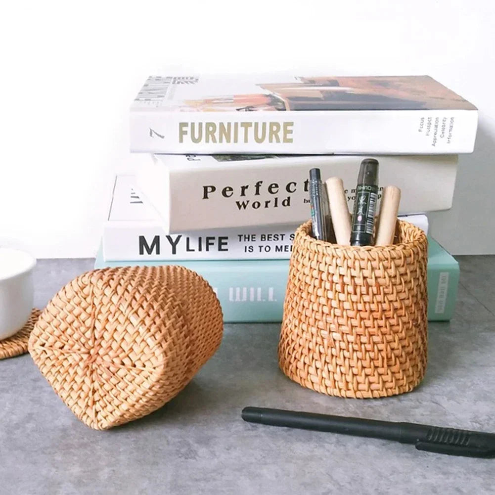 Household Rattan Storage Organizer Box for Utensils Tableware Kitchen Office Supplies Multifunctional Home Organization Basket